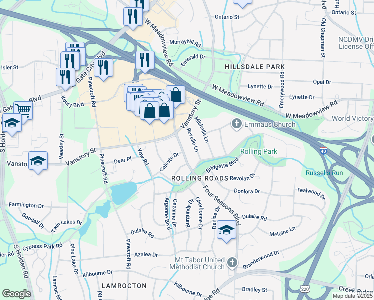 map of restaurants, bars, coffee shops, grocery stores, and more near 2301 4 Seasons Boulevard in Greensboro