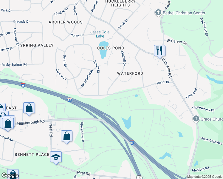map of restaurants, bars, coffee shops, grocery stores, and more near 806 Kimball Drive in Durham