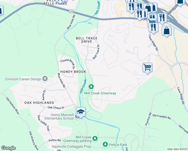 map of restaurants, bars, coffee shops, grocery stores, and more near 2174 Rivendell Trace in Nashville