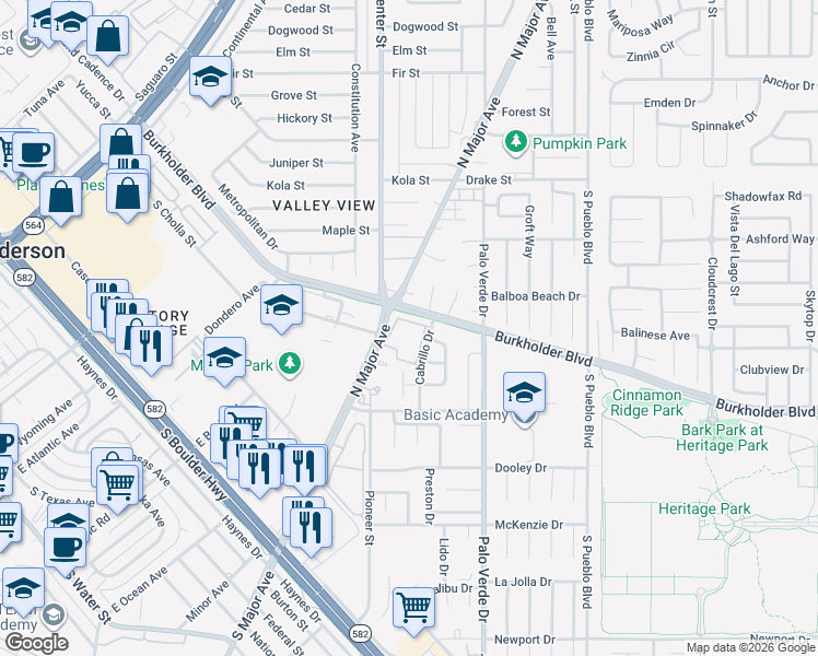 map of restaurants, bars, coffee shops, grocery stores, and more near 306 Burkholder Boulevard in Henderson