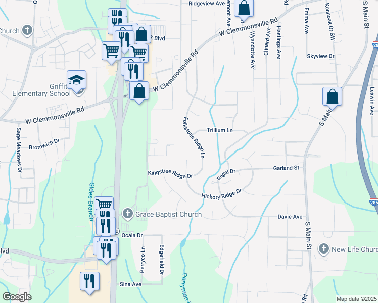 map of restaurants, bars, coffee shops, grocery stores, and more near 3100 Hickory Ridge Drive in Winston-Salem
