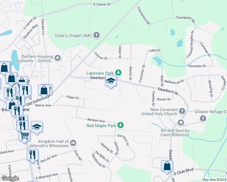 map of restaurants, bars, coffee shops, grocery stores, and more near 3507 Dearborn Drive in Durham