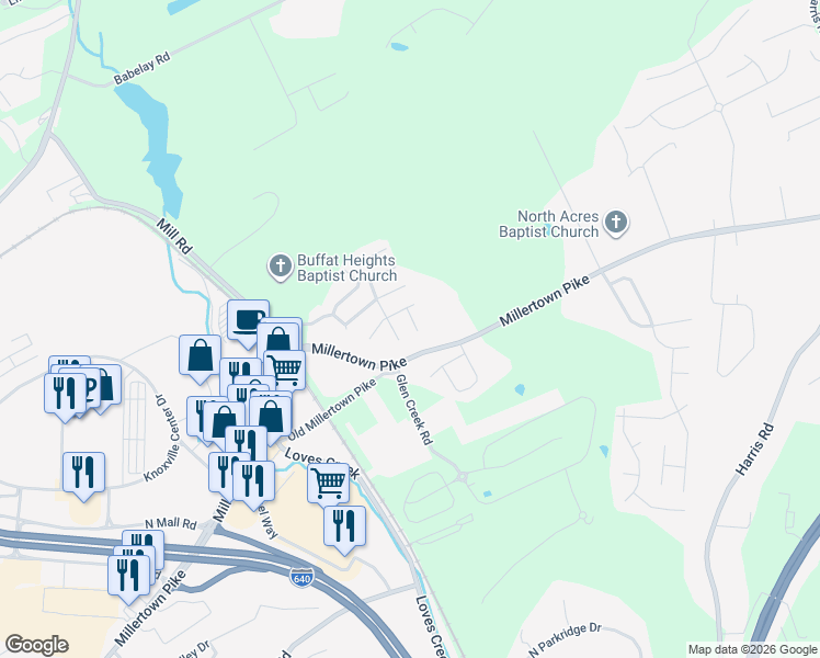 map of restaurants, bars, coffee shops, grocery stores, and more near 2725 Beartooth Way in Knoxville