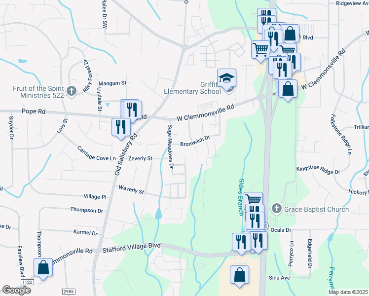 map of restaurants, bars, coffee shops, grocery stores, and more near 1474 Bromwich Drive in Winston-Salem