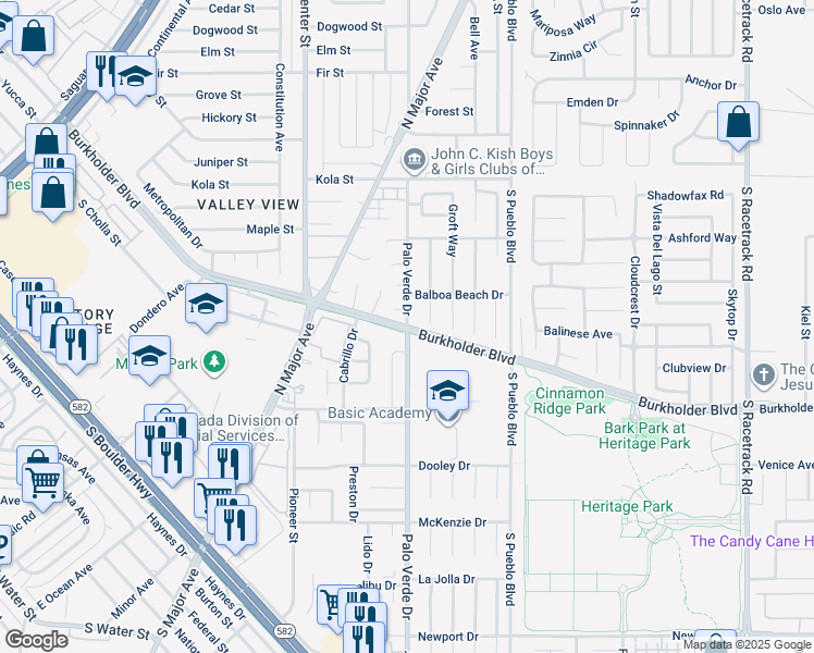 map of restaurants, bars, coffee shops, grocery stores, and more near 651 Palo Verde Drive in Henderson