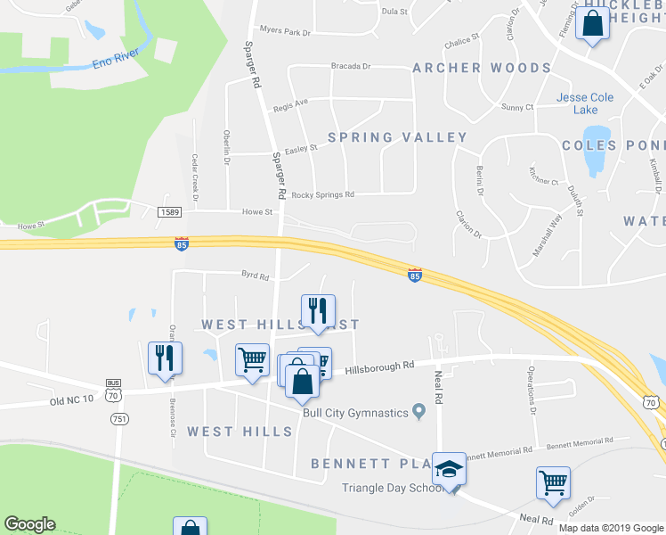 map of restaurants, bars, coffee shops, grocery stores, and more near 2201 Caroline Drive in Durham