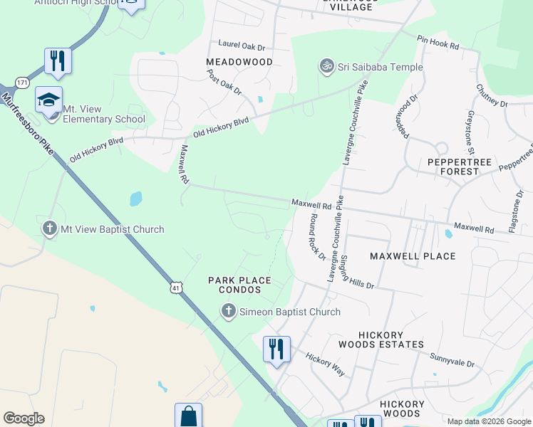 map of restaurants, bars, coffee shops, grocery stores, and more near 4057 Maxwell Road in Nashville