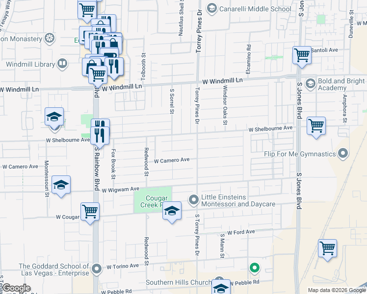 map of restaurants, bars, coffee shops, grocery stores, and more near 6558 West Musette Avenue in Las Vegas