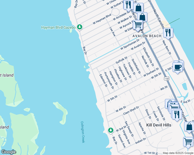 map of restaurants, bars, coffee shops, grocery stores, and more near 2043 Bay Drive in Kill Devil Hills