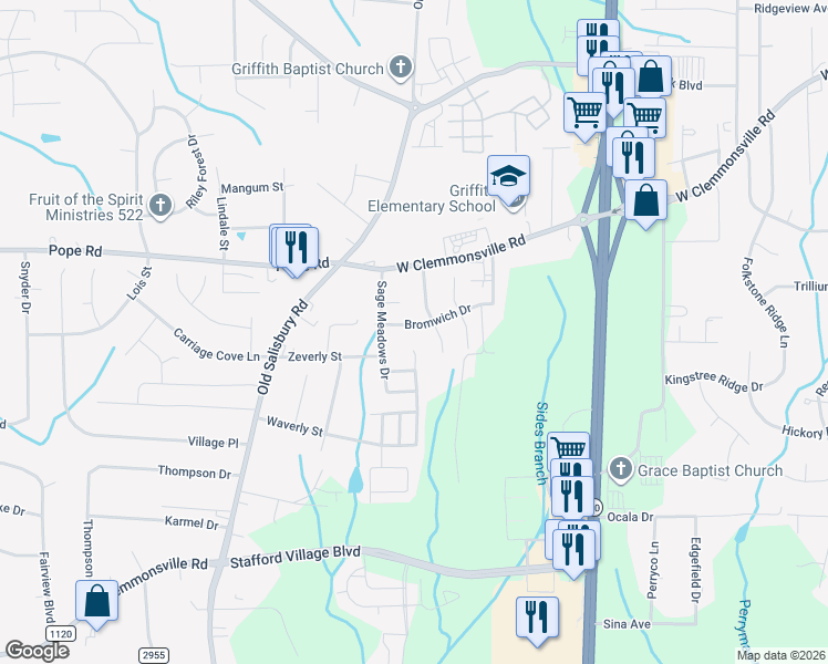 map of restaurants, bars, coffee shops, grocery stores, and more near 1489 Bromwich Drive in Winston-Salem