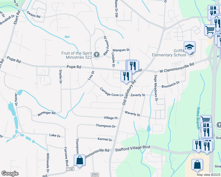 map of restaurants, bars, coffee shops, grocery stores, and more near 1628 Quillmark Road in Winston-Salem