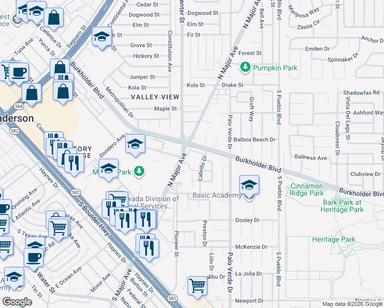 map of restaurants, bars, coffee shops, grocery stores, and more near 306 Burkholder Boulevard in Henderson