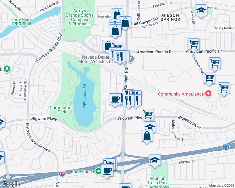 map of restaurants, bars, coffee shops, grocery stores, and more near 138 Sand Lake Street in Henderson