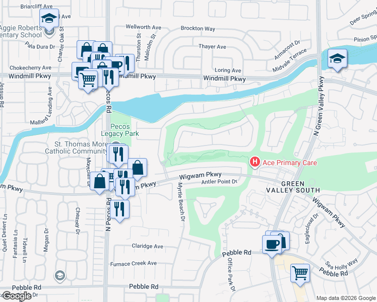 map of restaurants, bars, coffee shops, grocery stores, and more near 2468 Ping Drive in Henderson