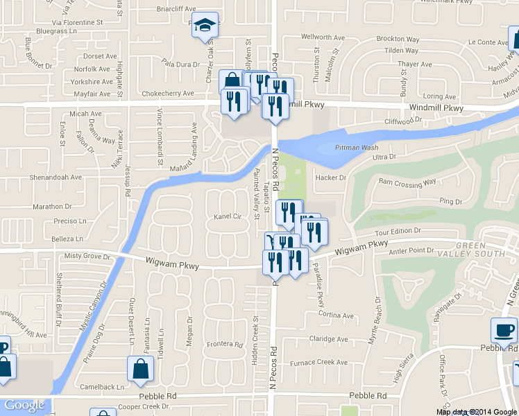 map of restaurants, bars, coffee shops, grocery stores, and more near 146 Painted Valley Street in Henderson