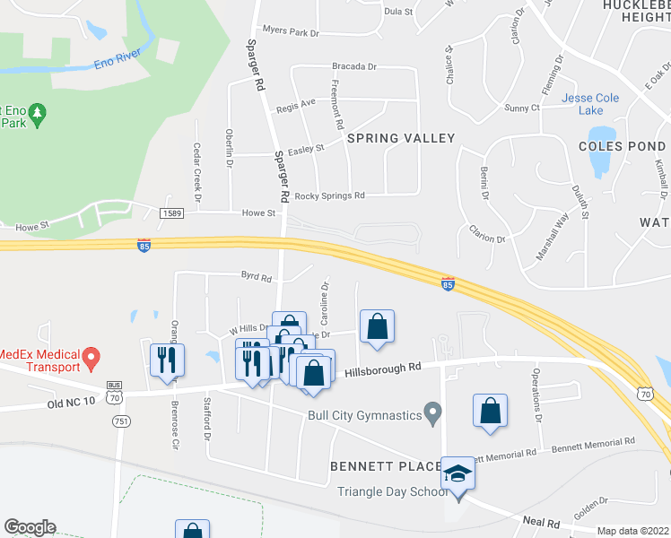 map of restaurants, bars, coffee shops, grocery stores, and more near 2200 Anthony Drive in Durham