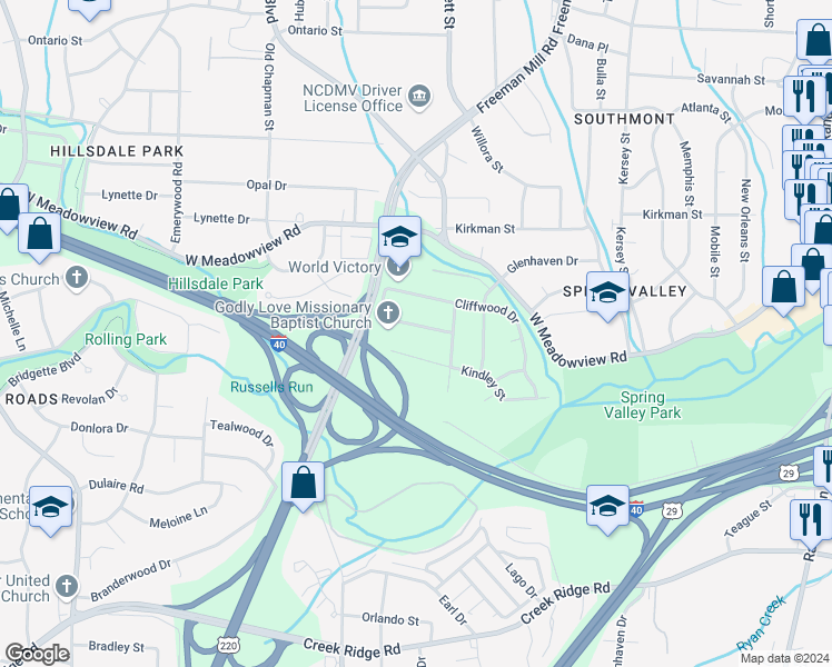 map of restaurants, bars, coffee shops, grocery stores, and more near 1413 Corregidor Street in Greensboro