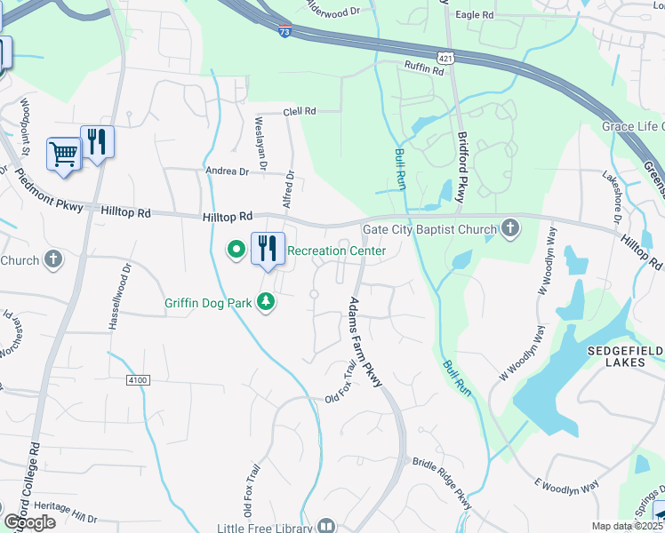 map of restaurants, bars, coffee shops, grocery stores, and more near 1348 Adams Farm Parkway in Greensboro