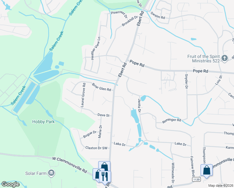 map of restaurants, bars, coffee shops, grocery stores, and more near 3859 Ebert Road in Winston-Salem