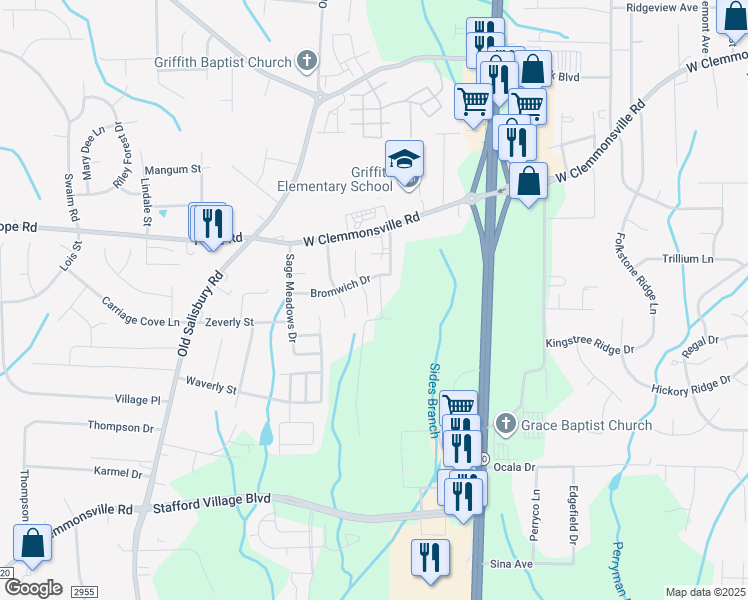 map of restaurants, bars, coffee shops, grocery stores, and more near 3337 Stavanger Court in Winston-Salem