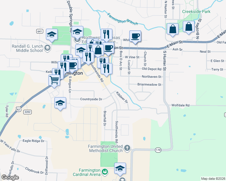map of restaurants, bars, coffee shops, grocery stores, and more near 134 Killdeer Drive in Farmington