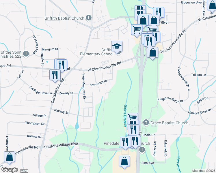 map of restaurants, bars, coffee shops, grocery stores, and more near 3337 Stavanger Court in Winston-Salem