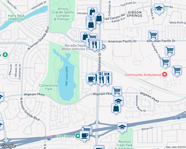 map of restaurants, bars, coffee shops, grocery stores, and more near 138 Sand Lake Street in Henderson