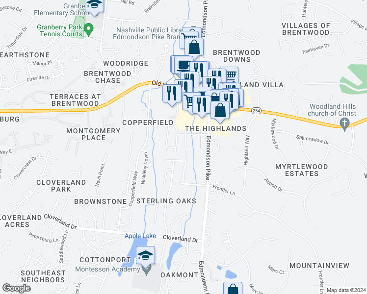map of restaurants, bars, coffee shops, grocery stores, and more near 226 Brushy Creek Lane in Nashville