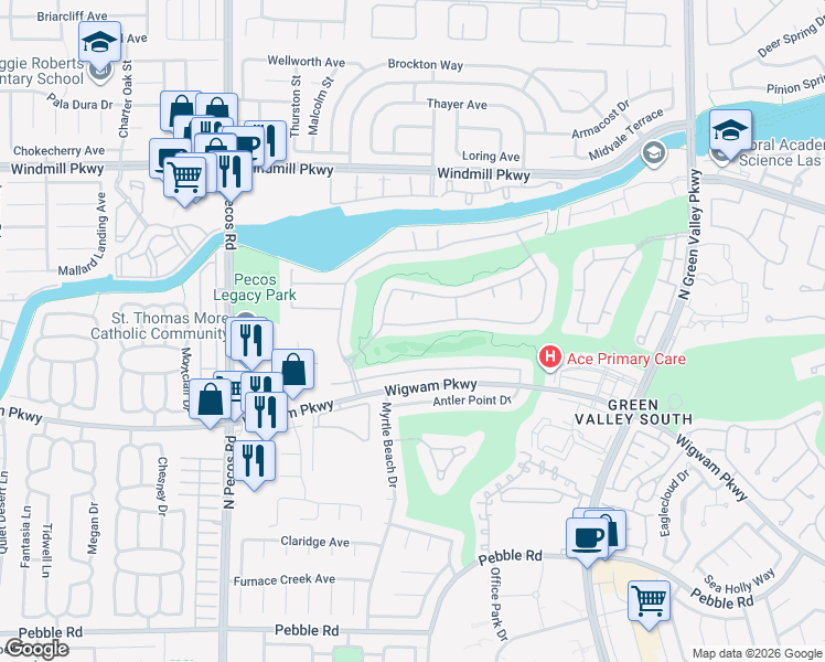 map of restaurants, bars, coffee shops, grocery stores, and more near 2468 Ping Drive in Henderson
