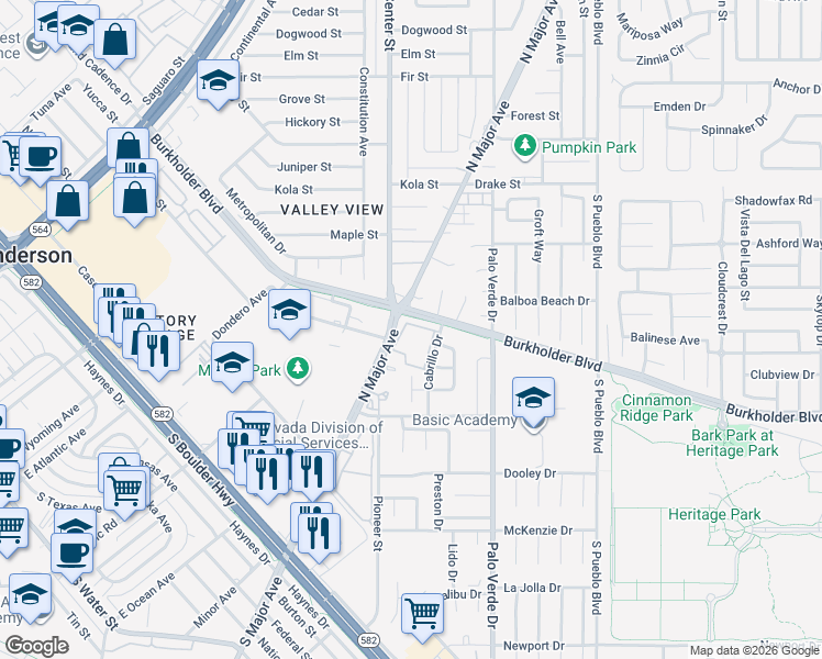 map of restaurants, bars, coffee shops, grocery stores, and more near 306 Burkholder Boulevard in Henderson