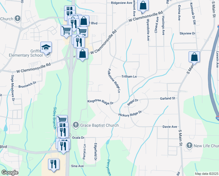 map of restaurants, bars, coffee shops, grocery stores, and more near 3100 Hickory Ridge Drive in Winston-Salem