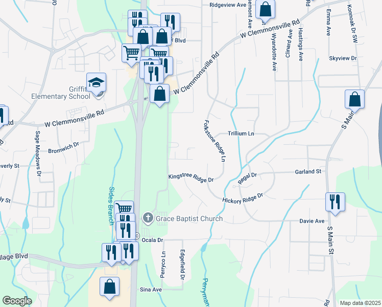 map of restaurants, bars, coffee shops, grocery stores, and more near 116 Royal Kings Court in Winston-Salem