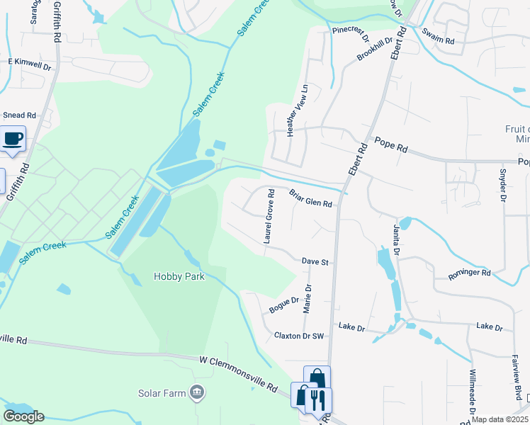 map of restaurants, bars, coffee shops, grocery stores, and more near 3920 Laurel Grove Road in Winston-Salem