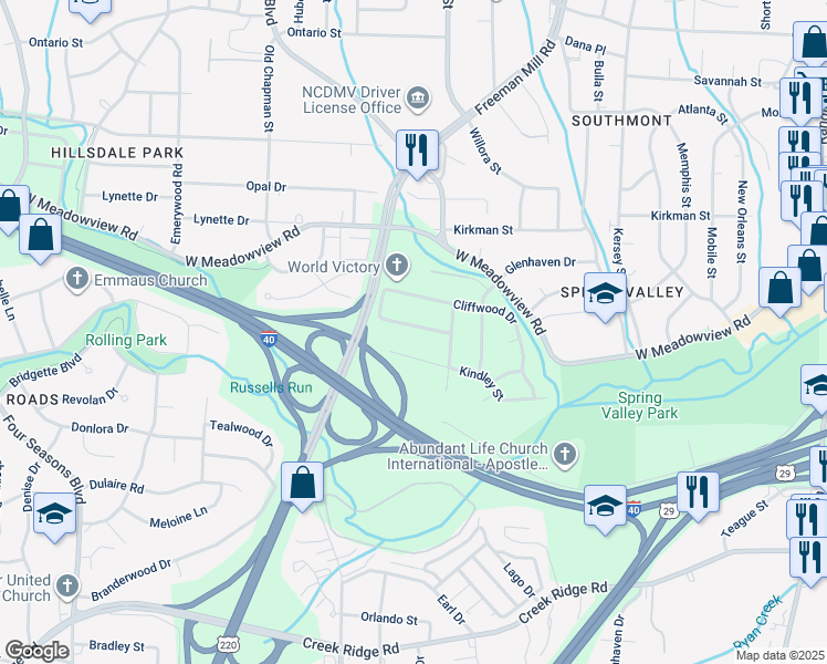 map of restaurants, bars, coffee shops, grocery stores, and more near 1413 Corregidor Street in Greensboro