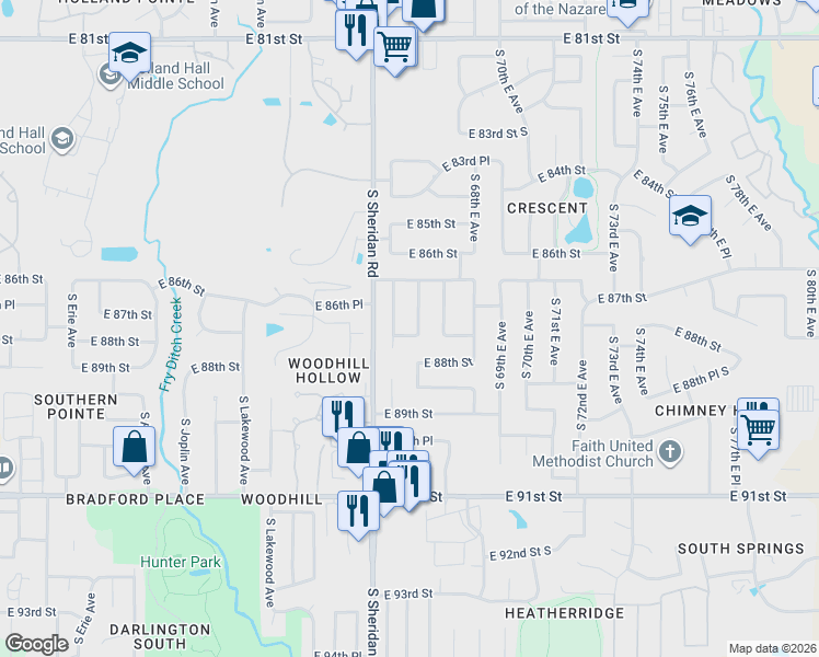 map of restaurants, bars, coffee shops, grocery stores, and more near 8628 South 66th East Avenue in Tulsa