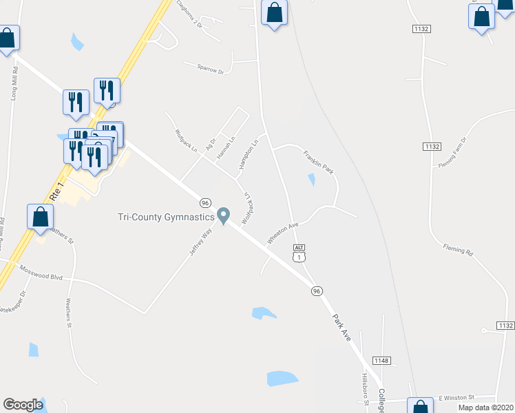 map of restaurants, bars, coffee shops, grocery stores, and more near 120 Wolfpack Lane in Youngsville