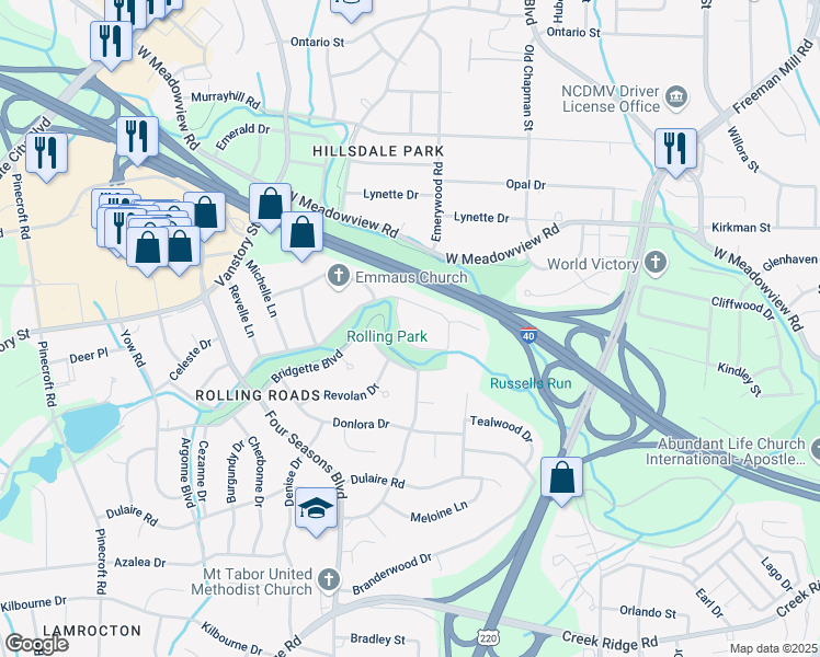map of restaurants, bars, coffee shops, grocery stores, and more near 2014 Lionne Drive in Greensboro