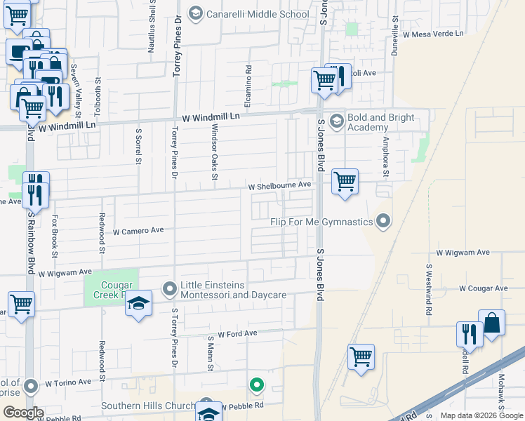 map of restaurants, bars, coffee shops, grocery stores, and more near 8355 Lamplight Drive in Las Vegas