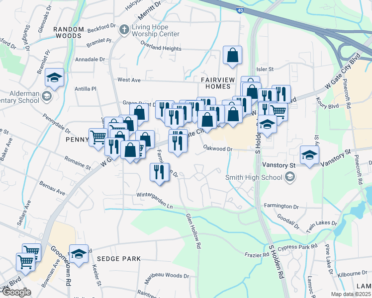 map of restaurants, bars, coffee shops, grocery stores, and more near Idol Court in Greensboro