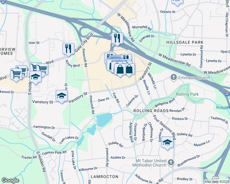 map of restaurants, bars, coffee shops, grocery stores, and more near 2503 Vanstory Street in Greensboro