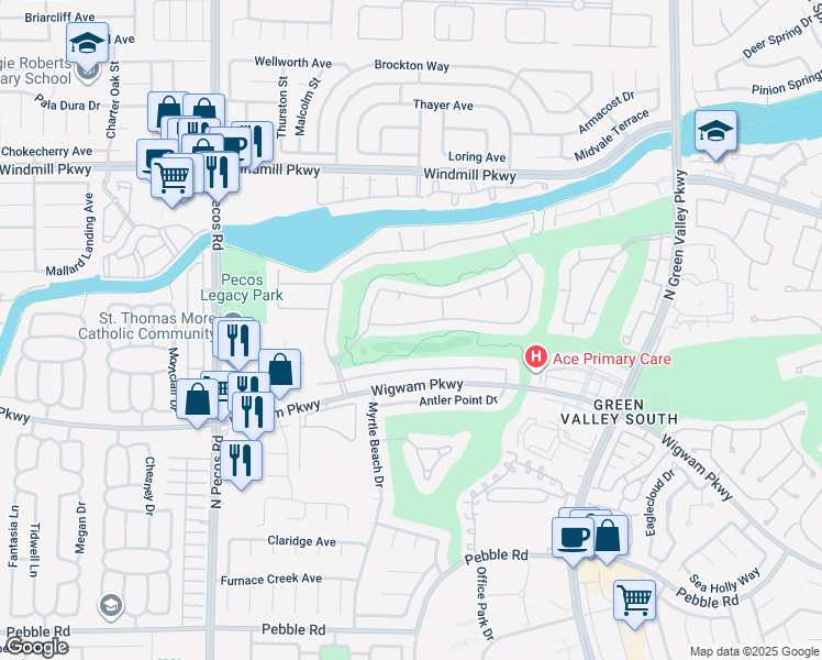 map of restaurants, bars, coffee shops, grocery stores, and more near 2461 Ping Drive in Henderson