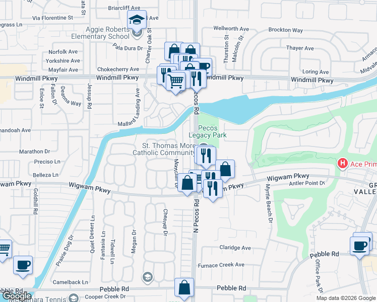 map of restaurants, bars, coffee shops, grocery stores, and more near 146 Painted Valley Street in Henderson