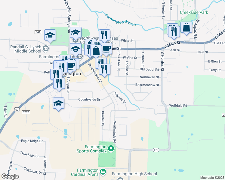 map of restaurants, bars, coffee shops, grocery stores, and more near 134 Killdeer Drive in Farmington