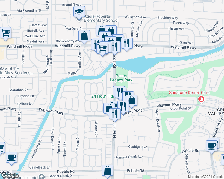 map of restaurants, bars, coffee shops, grocery stores, and more near 146 Painted Valley Street in Henderson