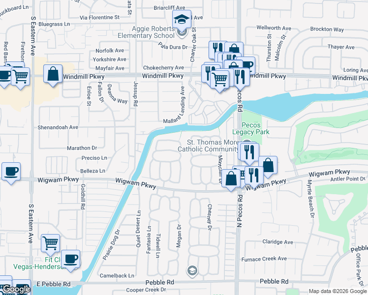 map of restaurants, bars, coffee shops, grocery stores, and more near 162 Wynntry Circle in Henderson