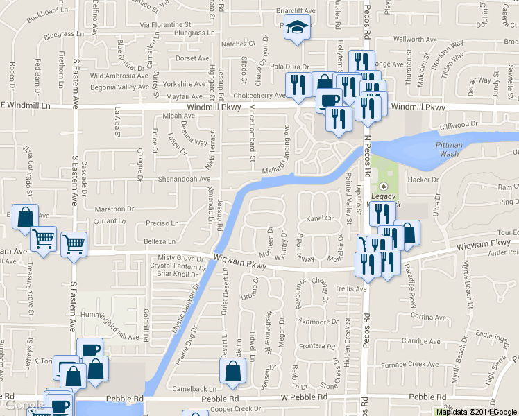map of restaurants, bars, coffee shops, grocery stores, and more near 2719 Knightsbridge Road in Henderson