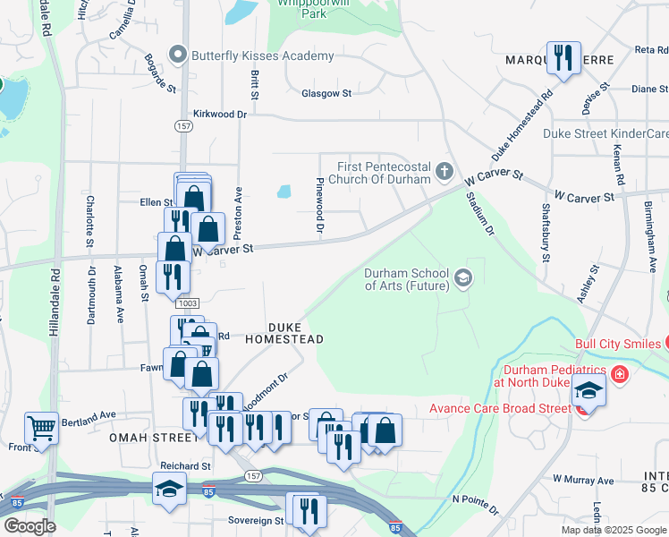 map of restaurants, bars, coffee shops, grocery stores, and more near 2313 Carver Street in Durham