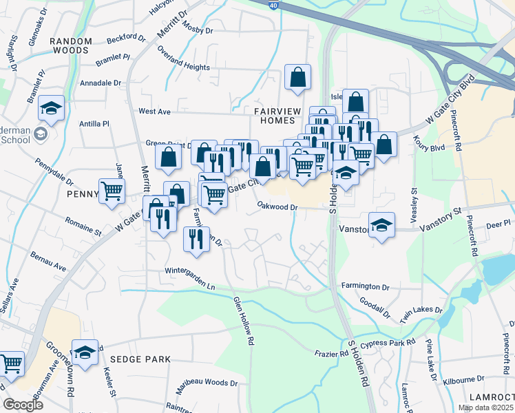 map of restaurants, bars, coffee shops, grocery stores, and more near 3738 Oakwood Drive in Greensboro