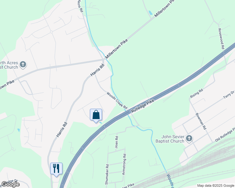 map of restaurants, bars, coffee shops, grocery stores, and more near 2108 Woods Creek Road in Knoxville