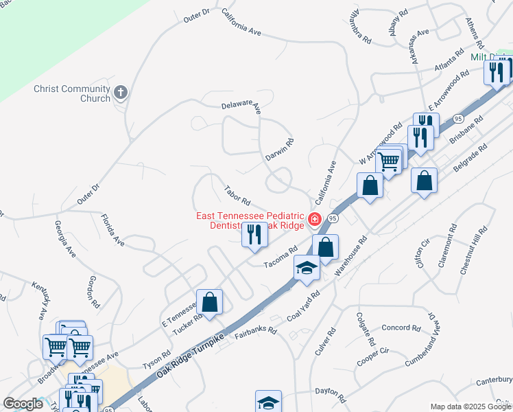 map of restaurants, bars, coffee shops, grocery stores, and more near 112 Tabor Road in Oak Ridge